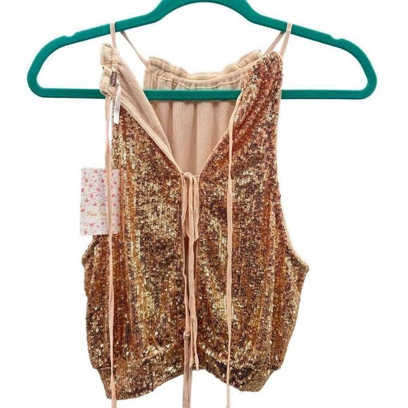 Free People LIGHTS OUT SEQUIN HALTER TOP IN NEUTRAL COMBO - Picture 2 of 8